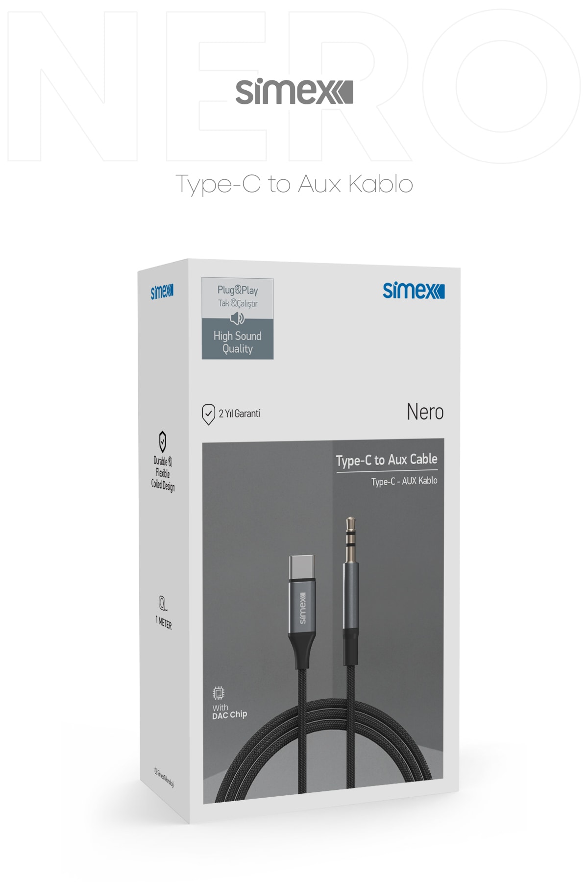 Simex Type C DAC SA-02 Nero Kumaş AUX Kablosu