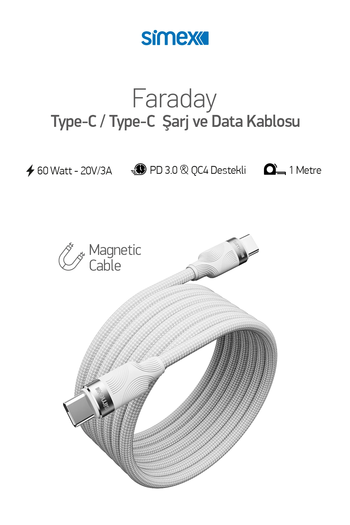 Simex Type C to Type C SPK-13 Faraday 60W Mıklatıslı Data Kablosu