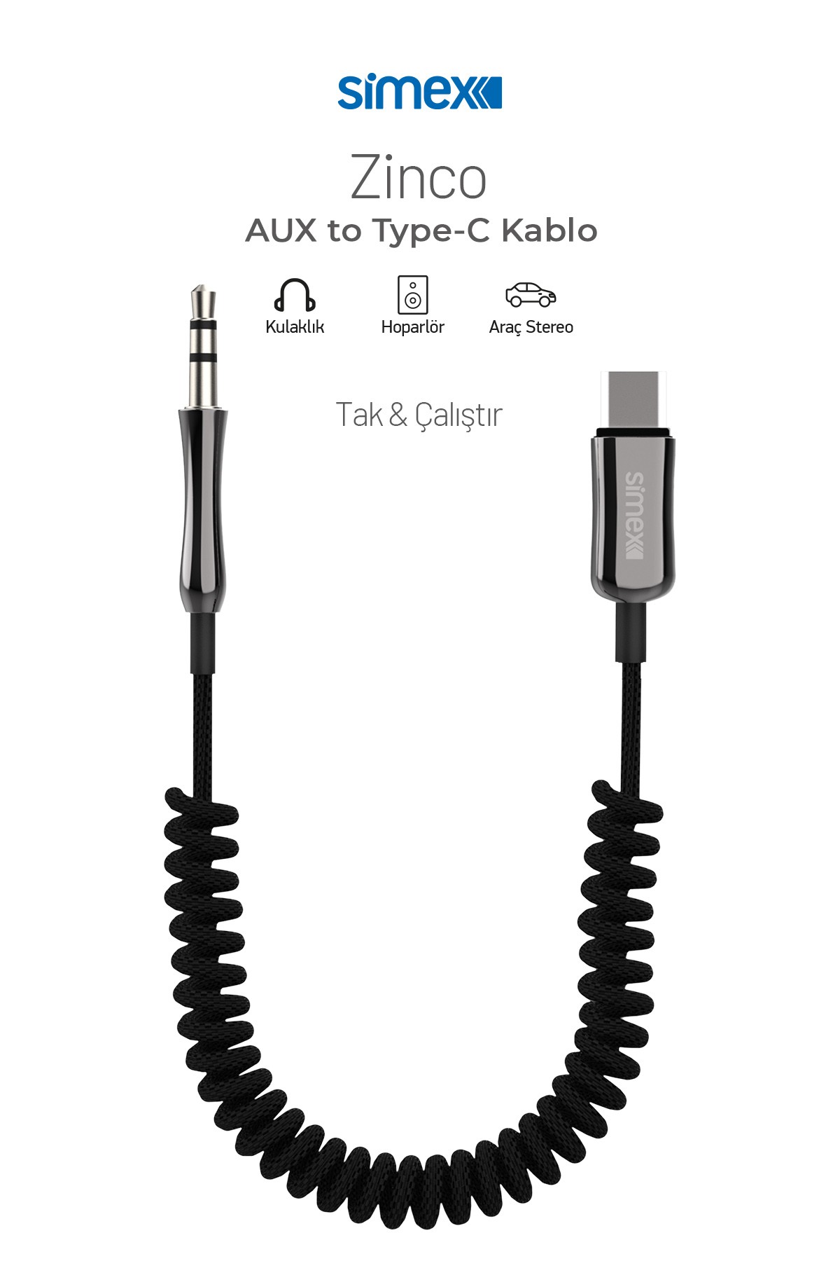 Zinco Type-C Kumaş Spiralli AUX Kablosu Simex SA-01