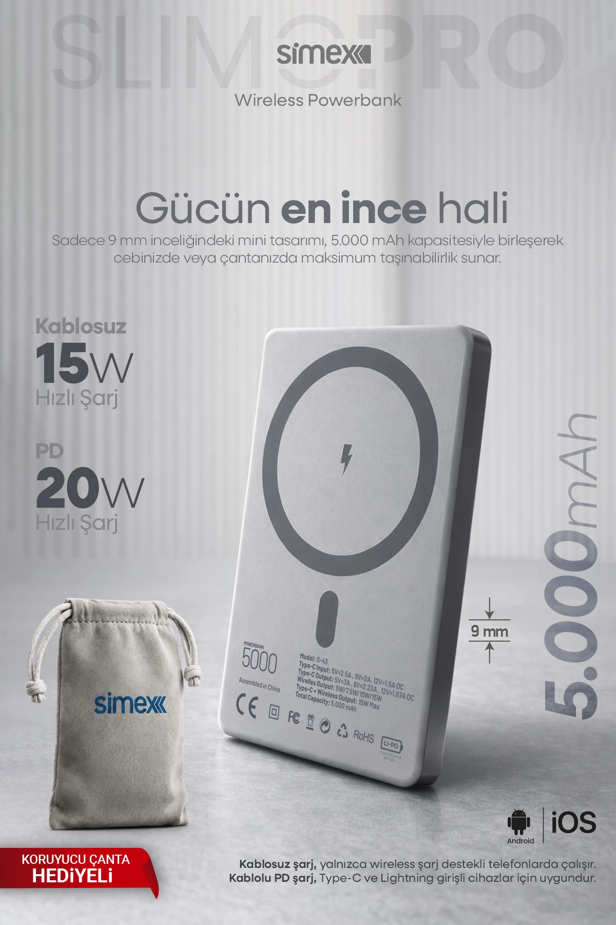 5000mAh kablosuz Power Bank Simex S-43 Slimo Pro