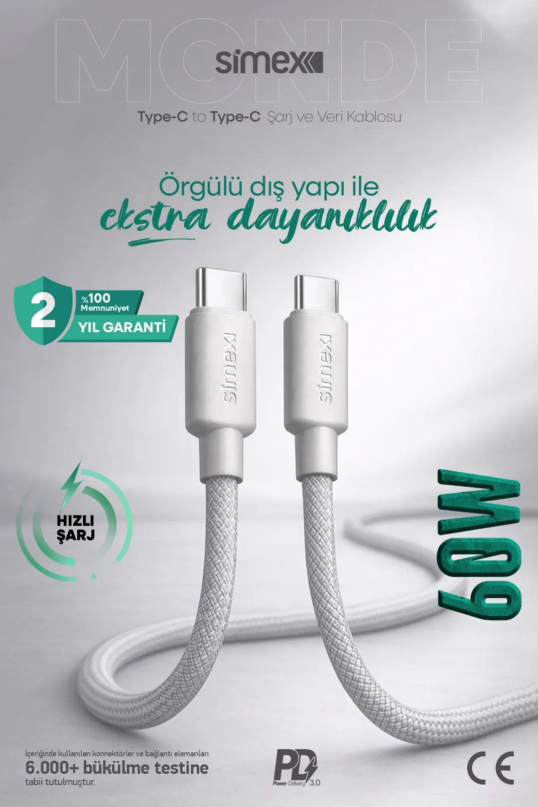 Type C Şarj Kablosu 60W Simex SPK-10 Monde 1mt