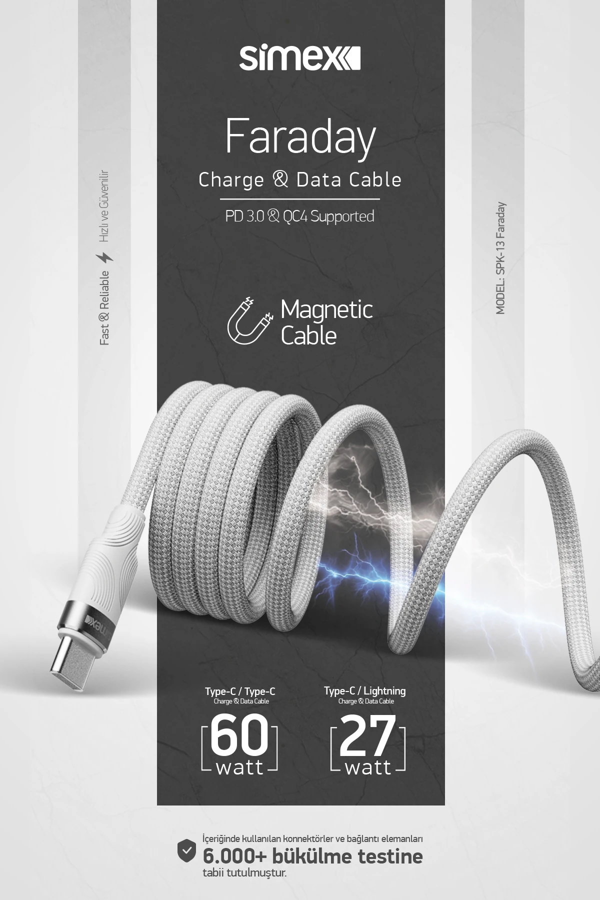 Simex Type-C to Lightning SPK-13 Faraday 27W Mıklatıslı Data Kablosu