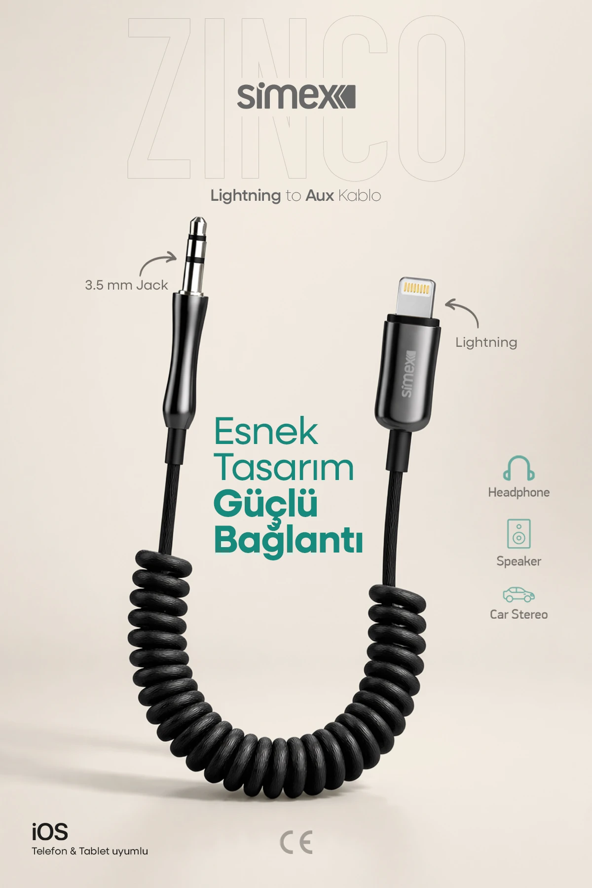 iPhone AUX Kablo 3.5mm Jack Simex SA-01