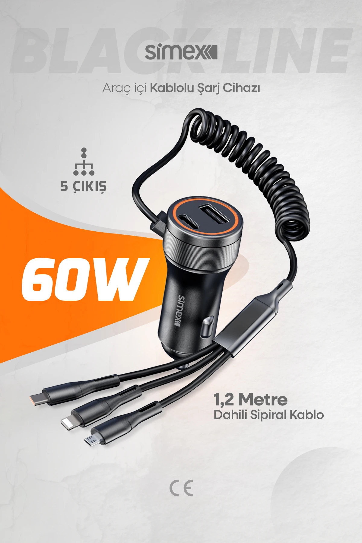 Black Line 60W Araç İçi Hızlı Şarj Aleti, 5 Port, Spiral Kablolu, Type-C Micro USB Lightning Uyumlu