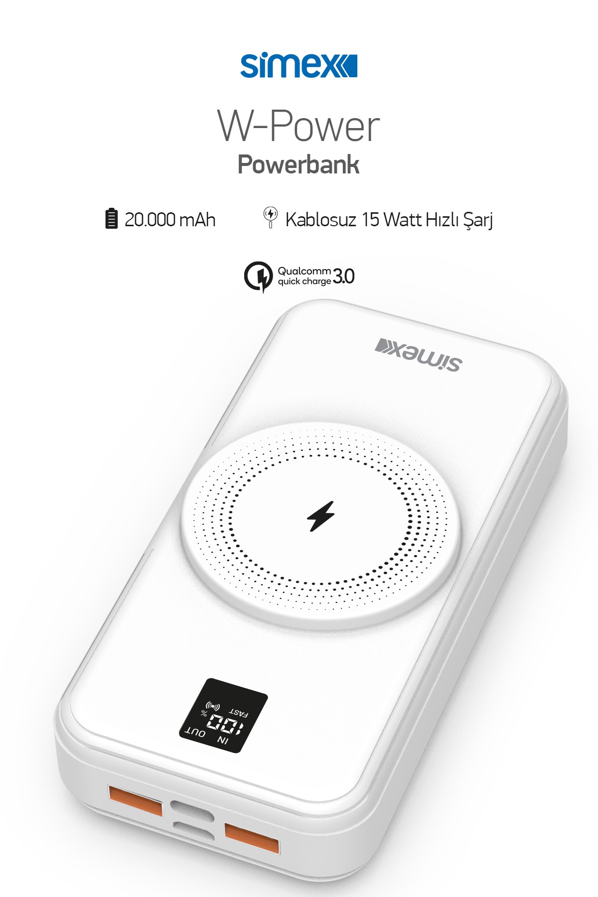 Simex Powerbank 20000mAh Dahili Kablolu 22,5W 15W Magnetic Wireless S-33 W-Power Beyaz