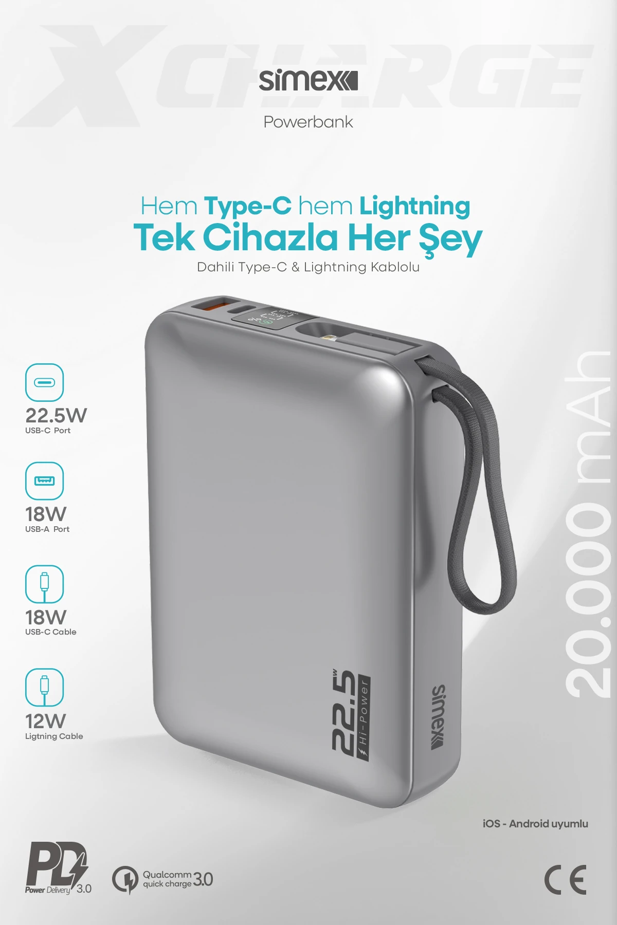 スマホアクセサリー PB2100 Power Bank 20000 mAh Taşınabilir Powerbank Simex X Charge
