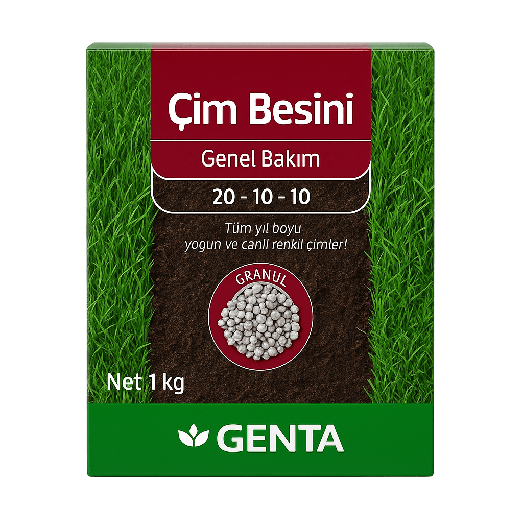 GENTA Çim Besini Genel Bakım 1 Kg | Granül Gübre 20-10-10 | Canlı ve Yoğun Görünümlü Çimler İçin