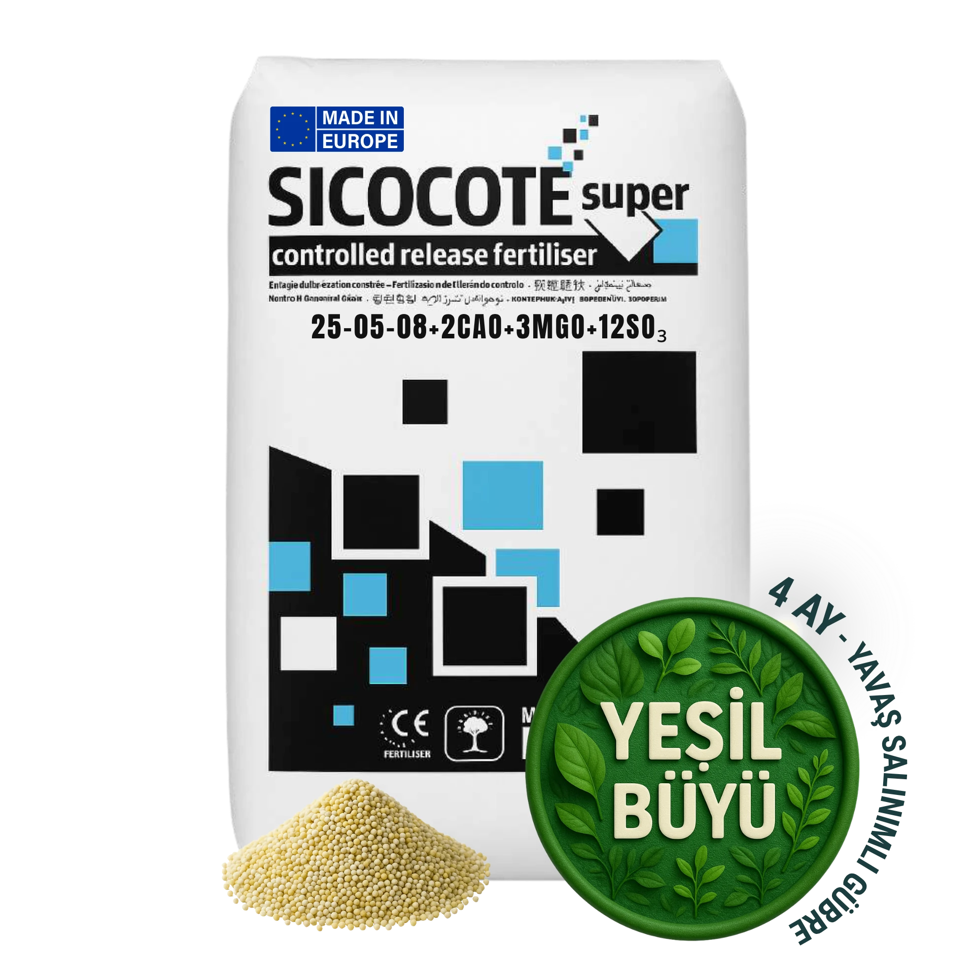 SICOCOTE® Super Kontrollü Salınımlı Gübre 25-5-8 + 2CaO + 3MgO + 12SO₃ | 3-4 Ay Etkili | Made in EU | 25Kg