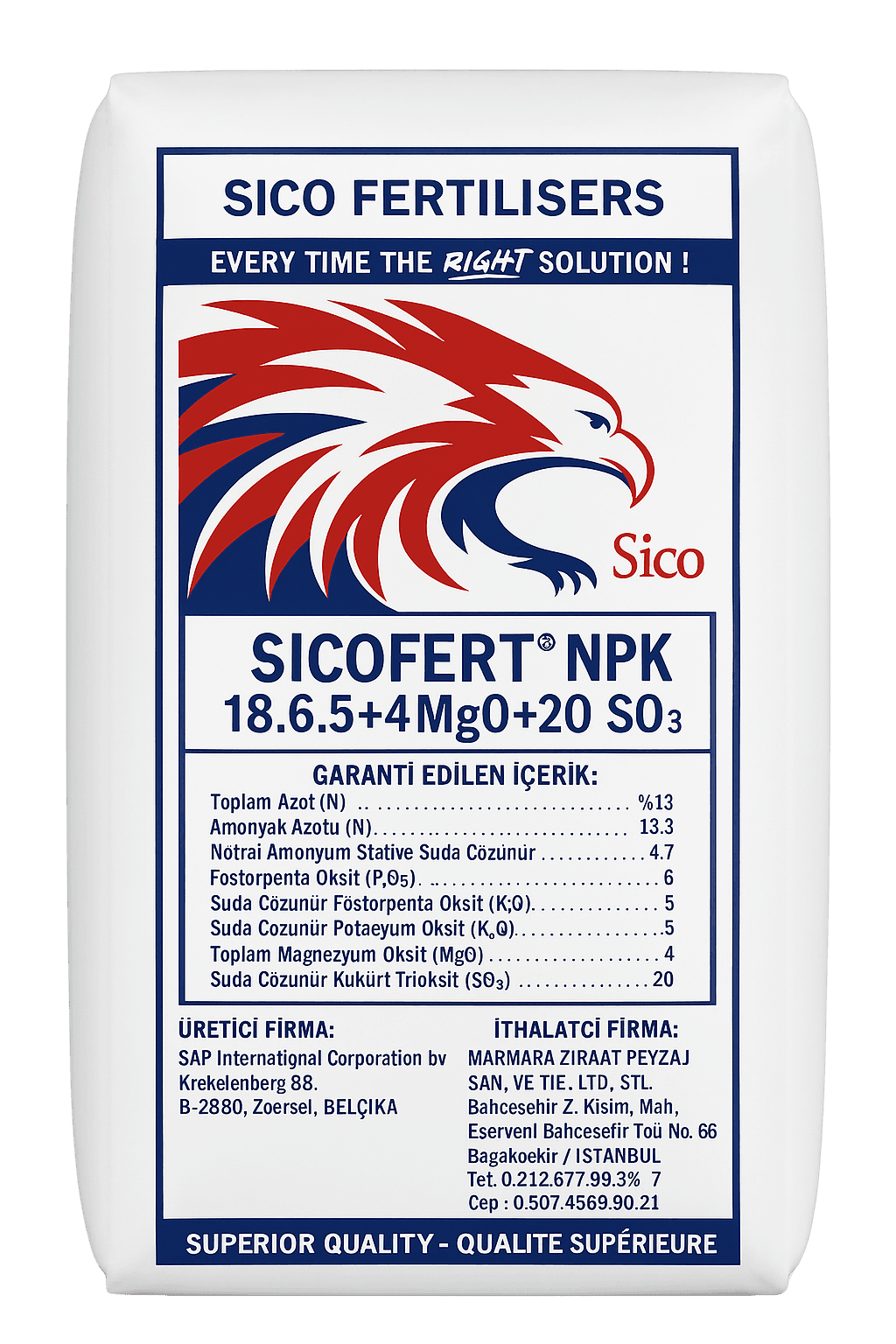 Sıcofert NPK 18.6.5 + 18 SO₃ + 14 CaO + 1 MgO Granül Gübre (MOP Bazlı) 25 KG