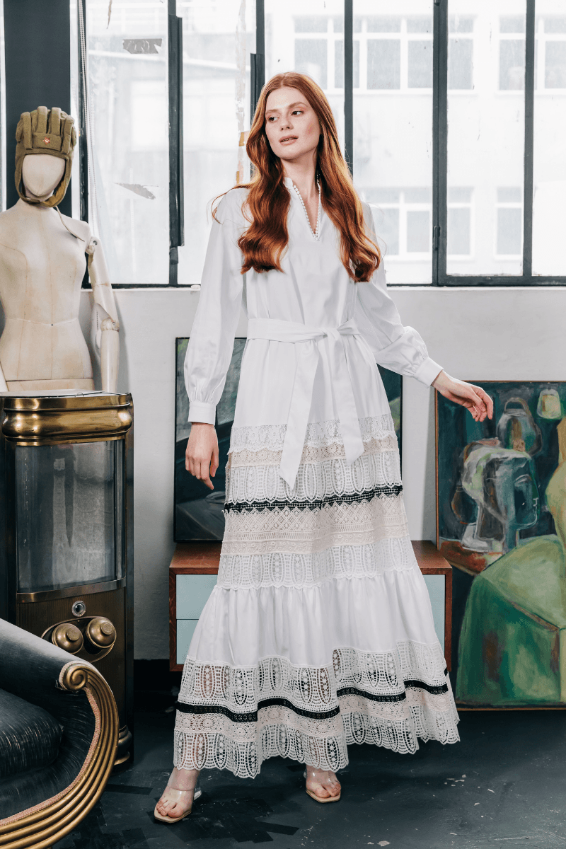 Guipure Detailed White Embroidery Long Dress