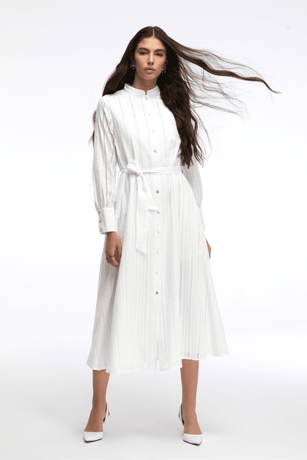 Tipped Belted Long White Embroidered Cotton Dress