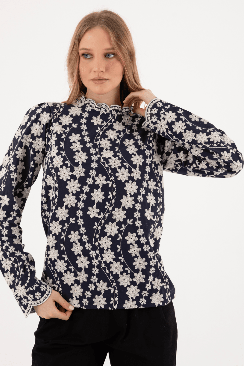 Navy Blue Pure Cotton Blouse with Guipure Lace Detailing