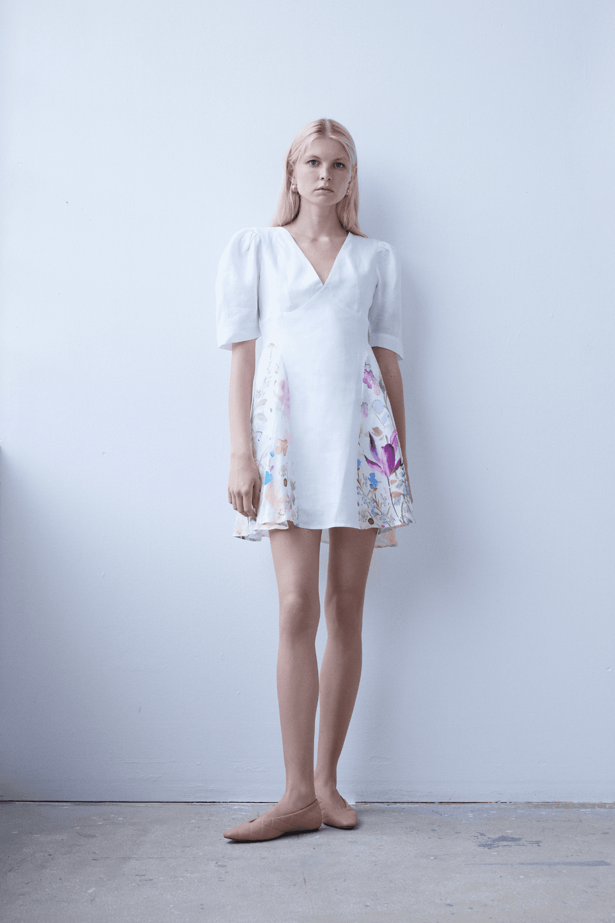 Deep V Floral Printed Short Linen Dress