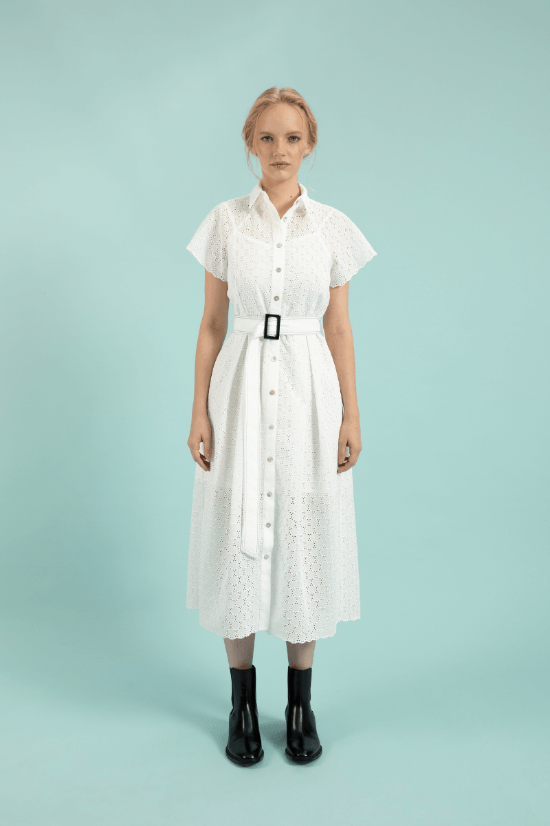 Belted Midi White Cotton Brode Dress