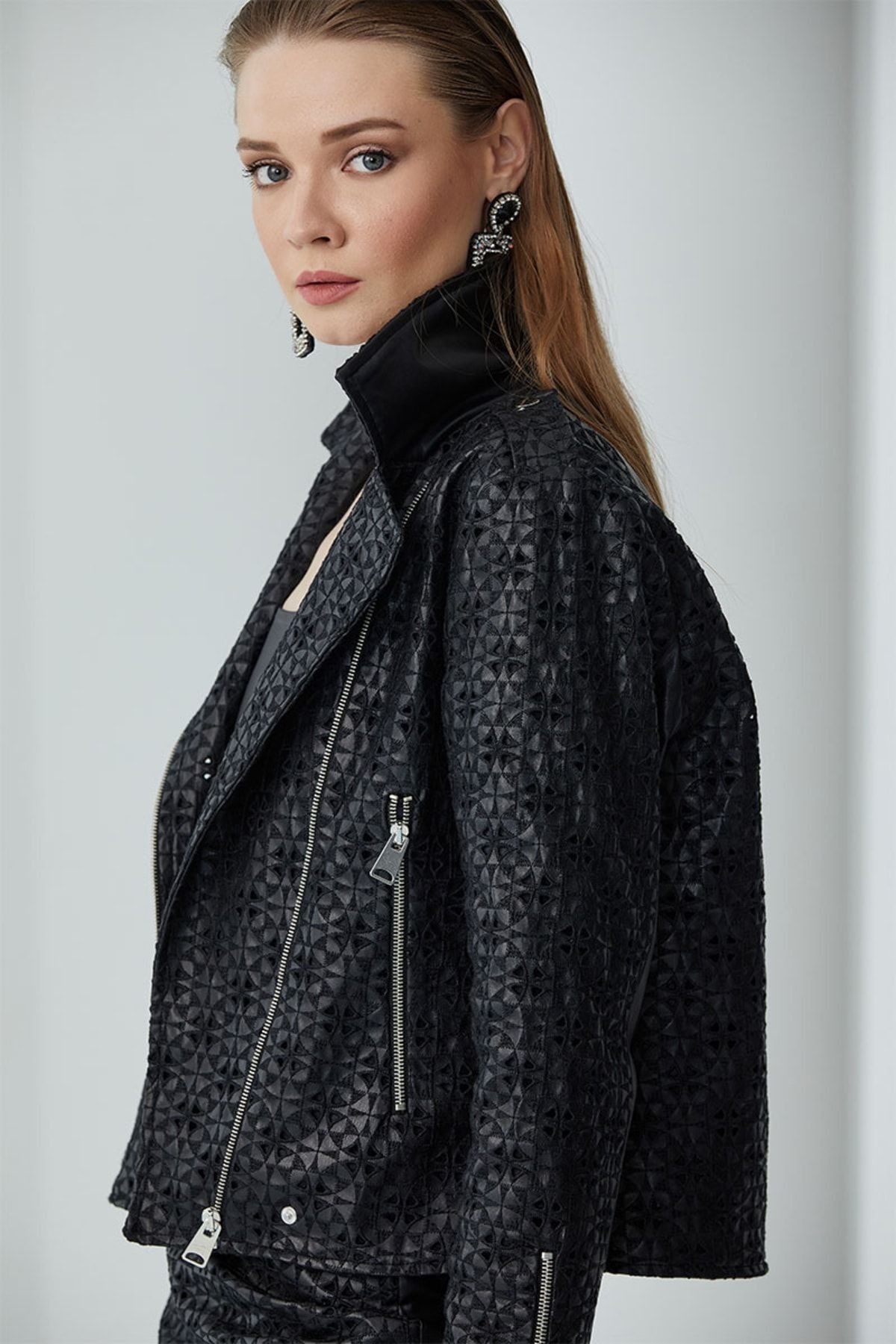 Suni Deri Brode Siyah Biker Ceket Metz Bıker Jacket