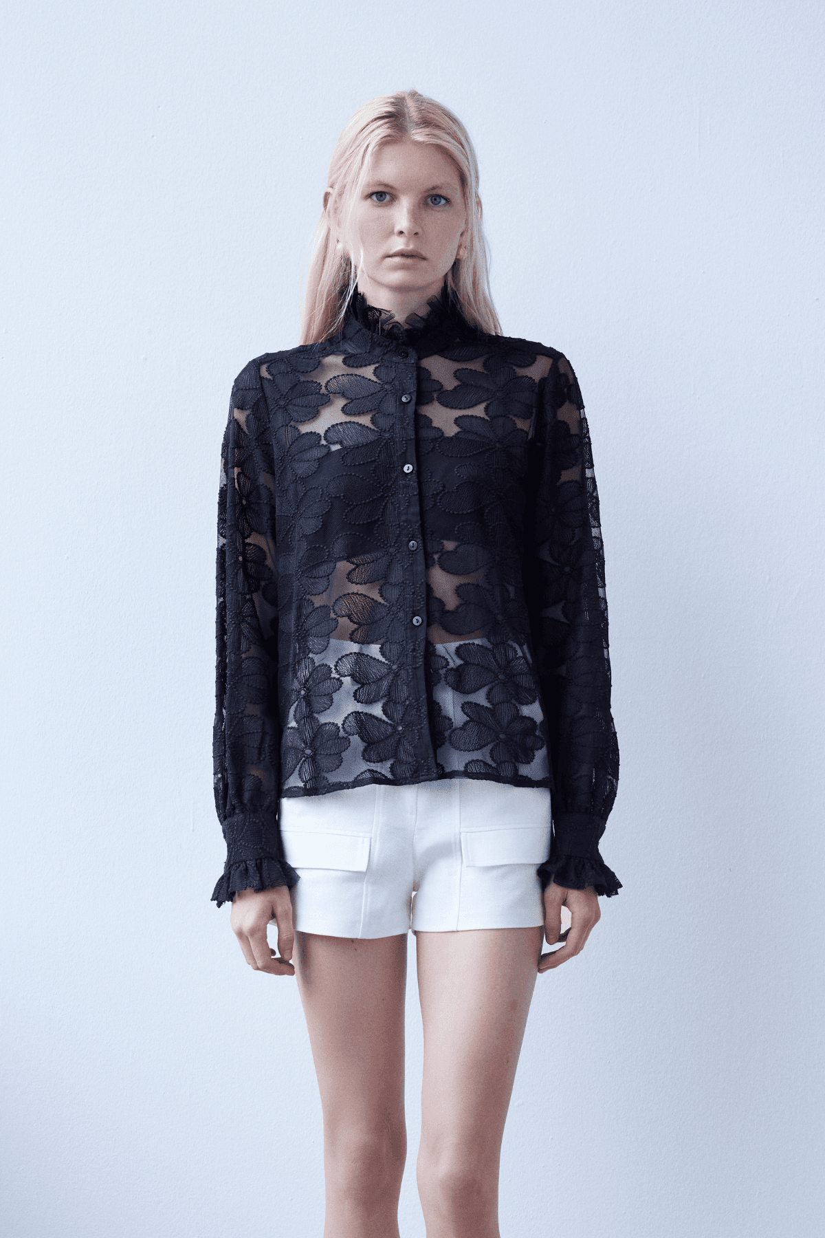 Queen Neck Transparent Flower Pattern Black Embroidery Shirt