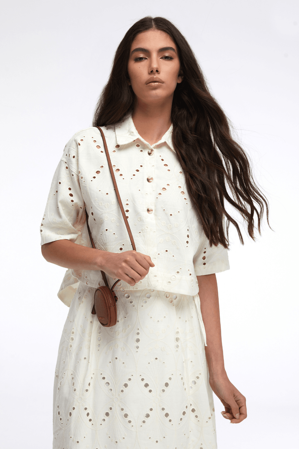 Off White Linen and Cotton Embroidery Crop Jacket