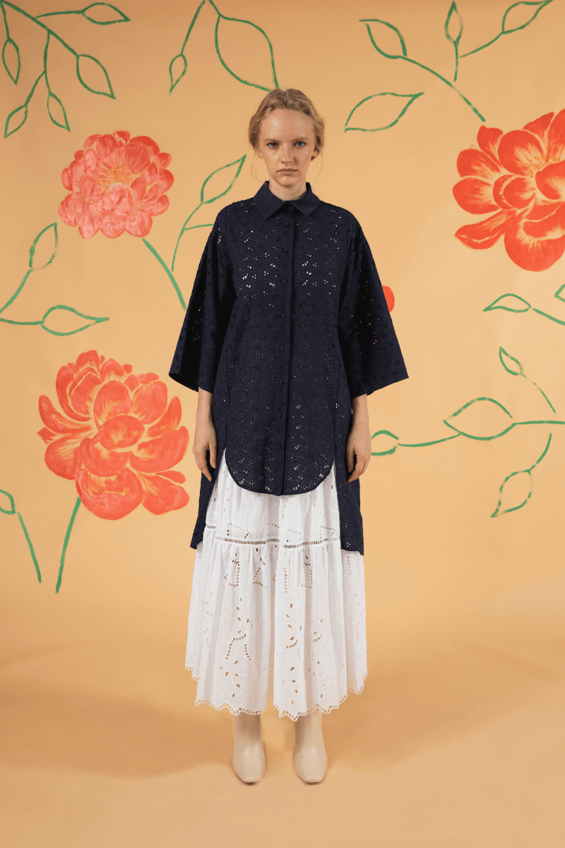 Relaxable Cotton Embroidery Navy Blue Tunic Shirt