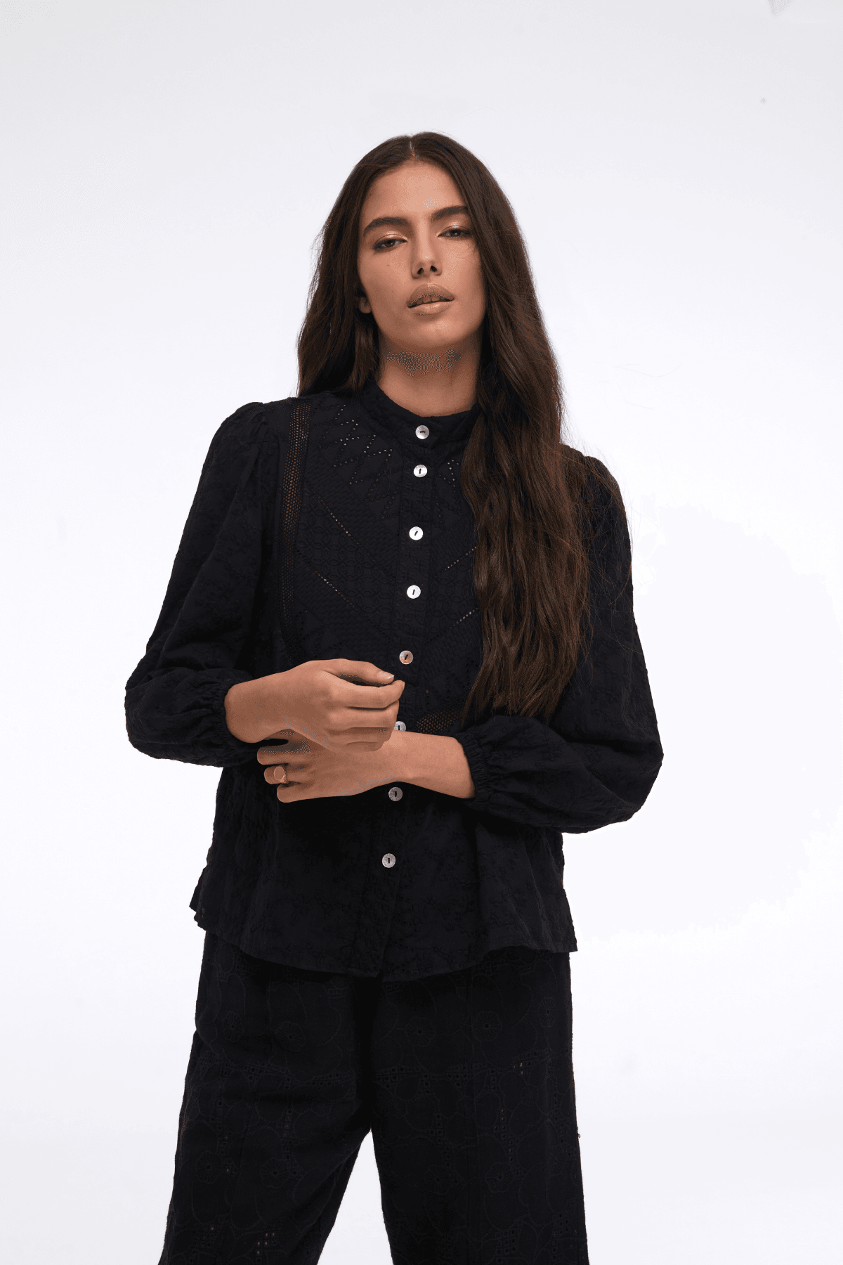 Tipped Black Pure Cotton Embroidery Shirt
