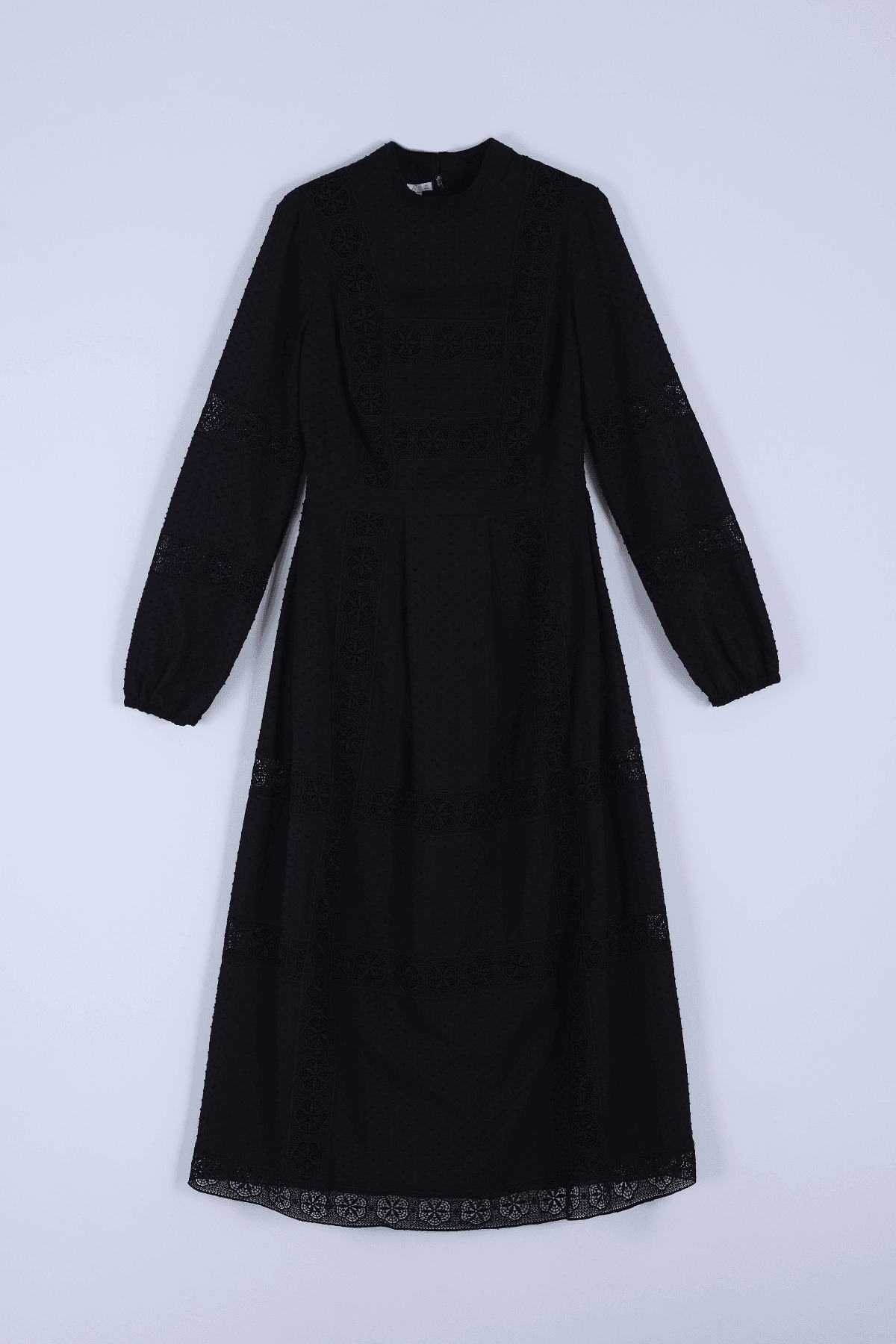 Pure Organic Cotton Guipure Detailed Long Black Dress