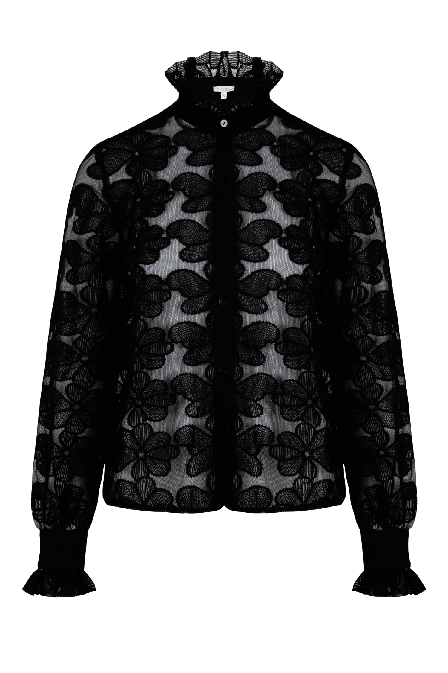 Queen Neck Transparent Flower Pattern Black Embroidery Shirt