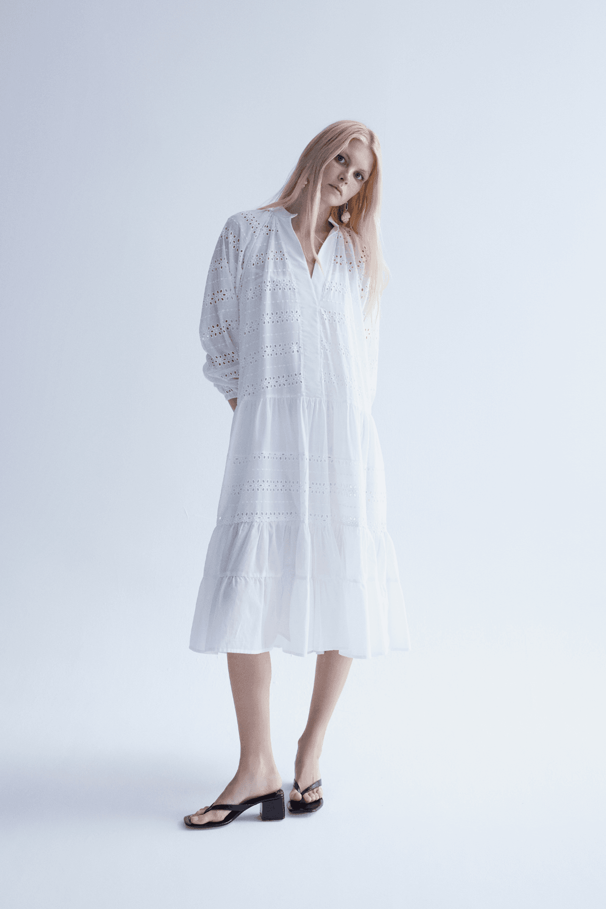 White Organic Cotton Midi Dress with Guipure Lace Detailing