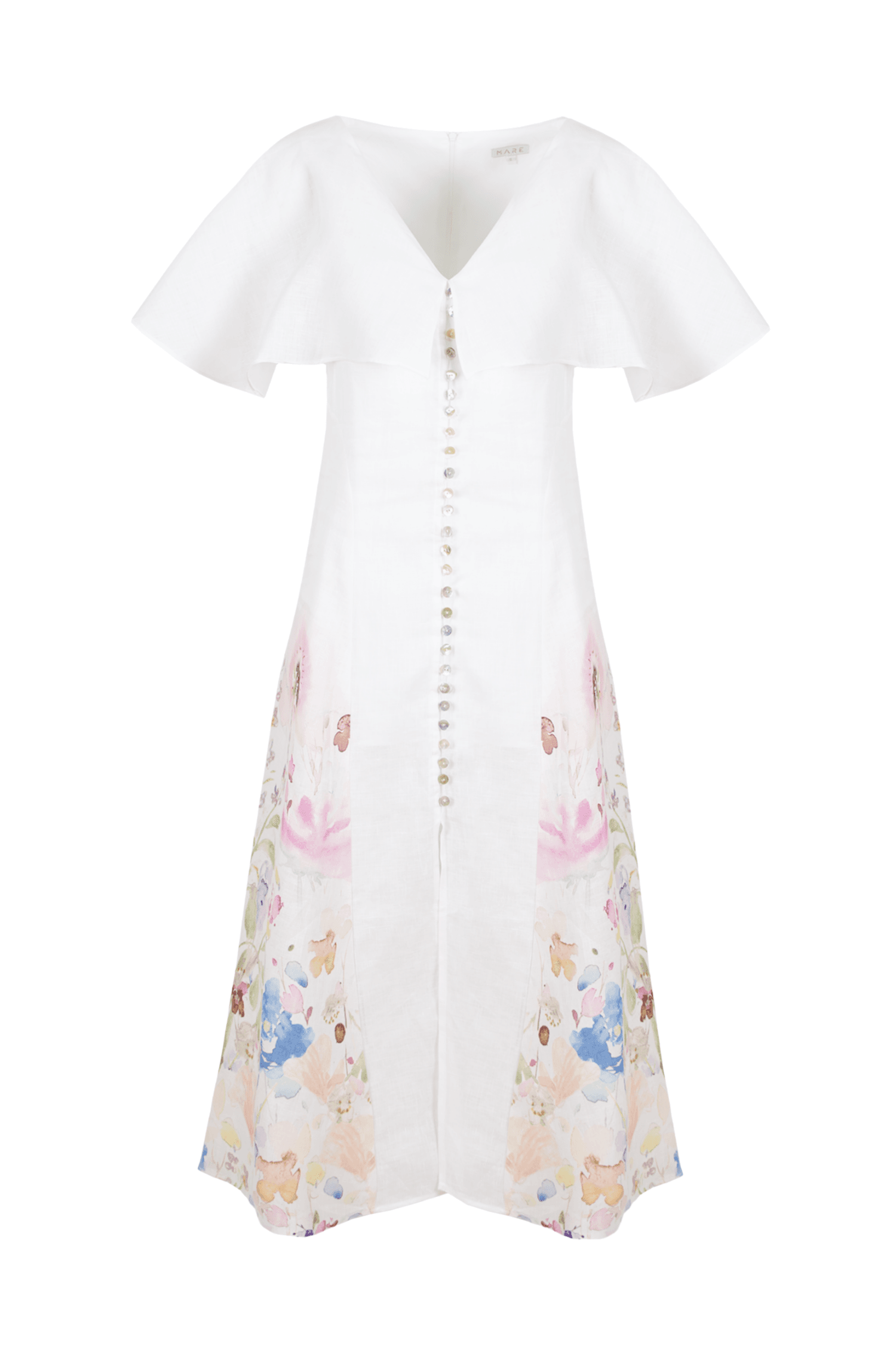 Heart Neck Floral Printed Midi Pure Linen Dress