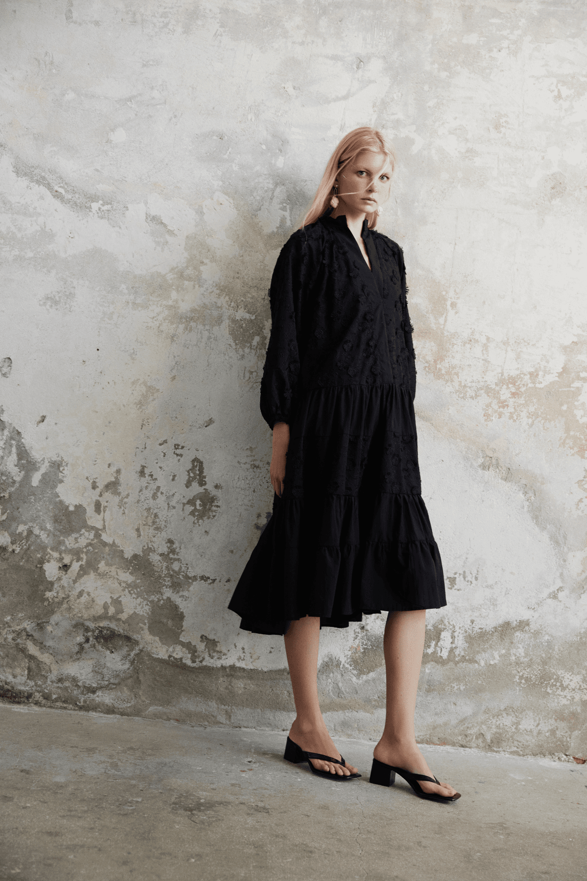 Black Organic Cotton Midi Dress with Guipure Lace Detailing