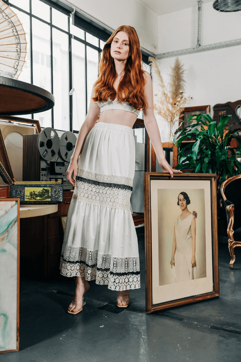 White Embroidered Long Skirt with Lace Detail
