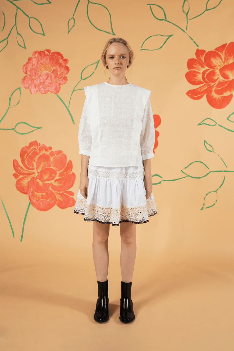 Lace Detailed Organic Cotton Embroidery Short White Skirt