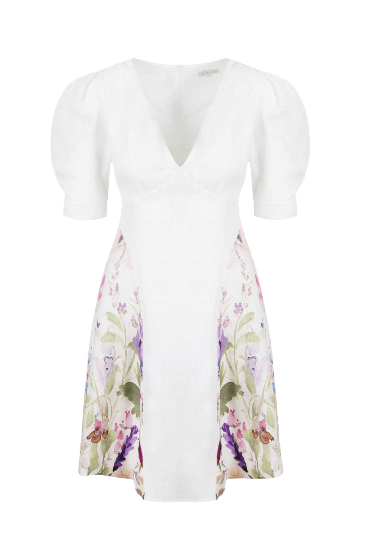 Deep V Floral Printed Short Linen Dress