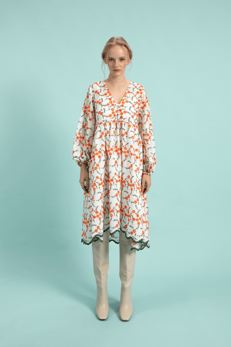 Orange Pattern White Embroidery Dress