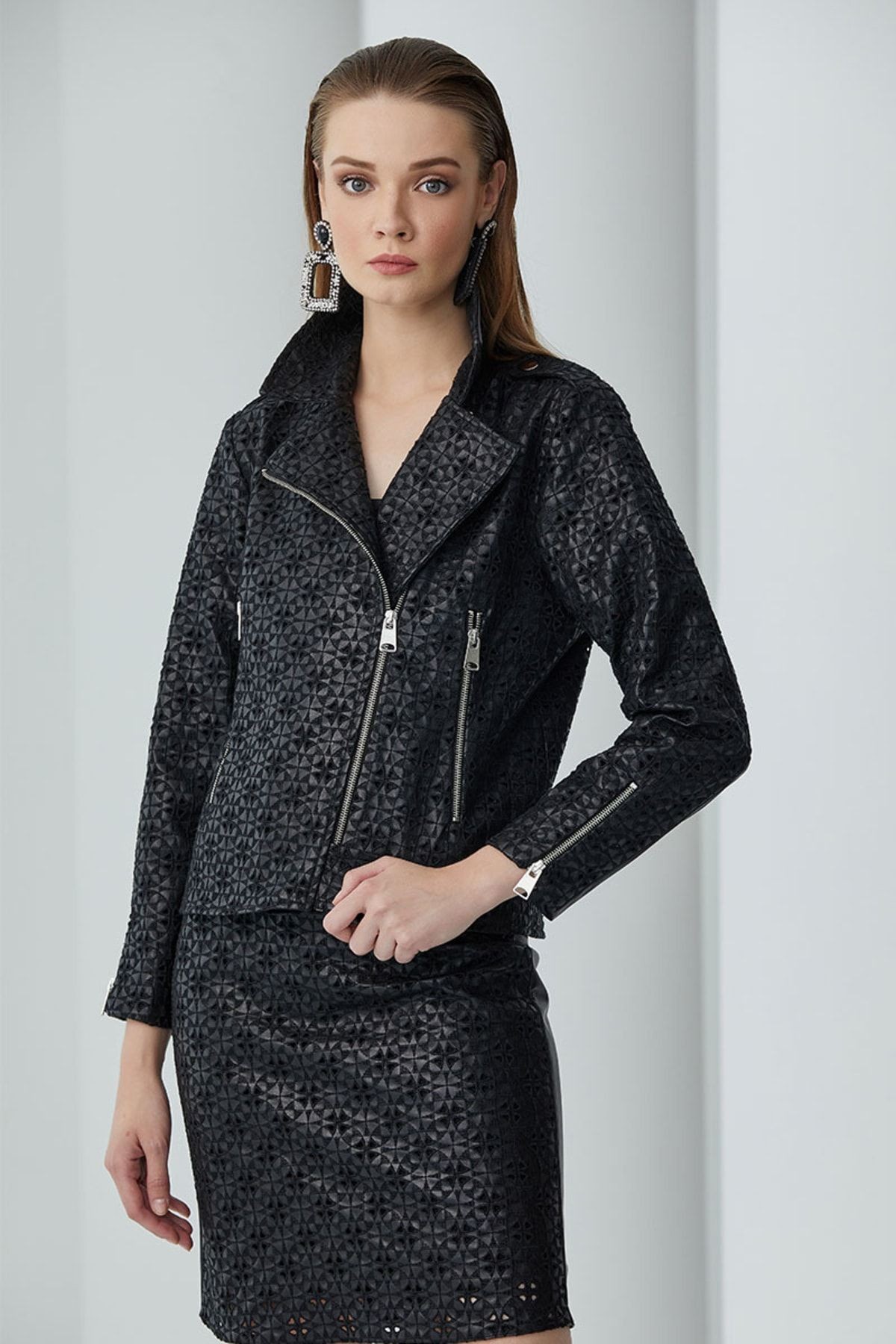 Suni Deri Brode Siyah Biker Ceket Metz Bıker Jacket