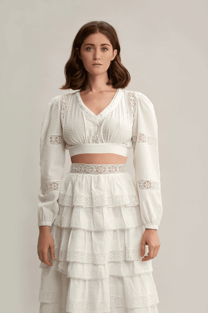 Deep V Buttoned Pure Cotton White Embroidery Blouse
