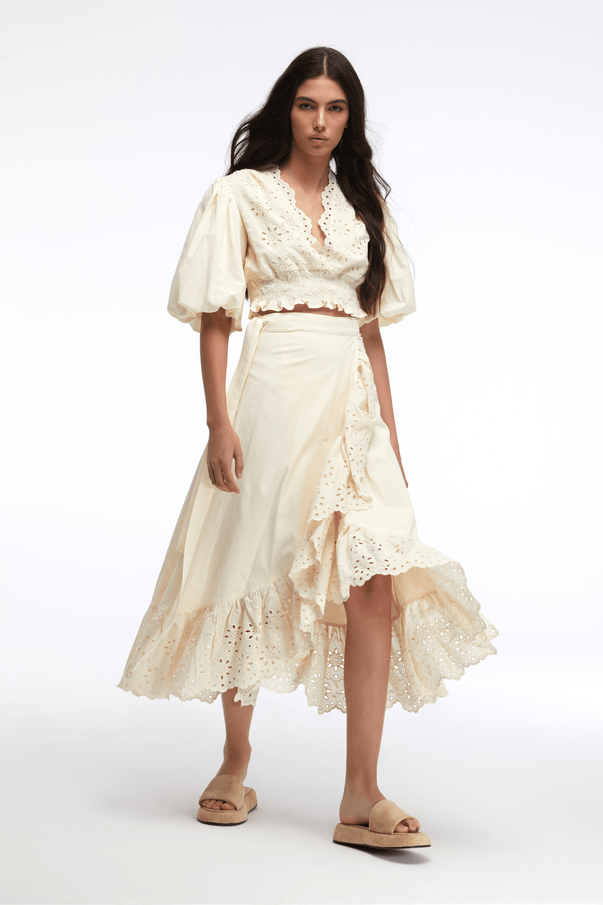 Ruffled Pure Cotton Natural Color Embroidery Skirt