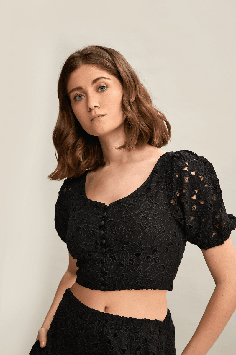 Buttoned Black Embroidery Crop Blouse