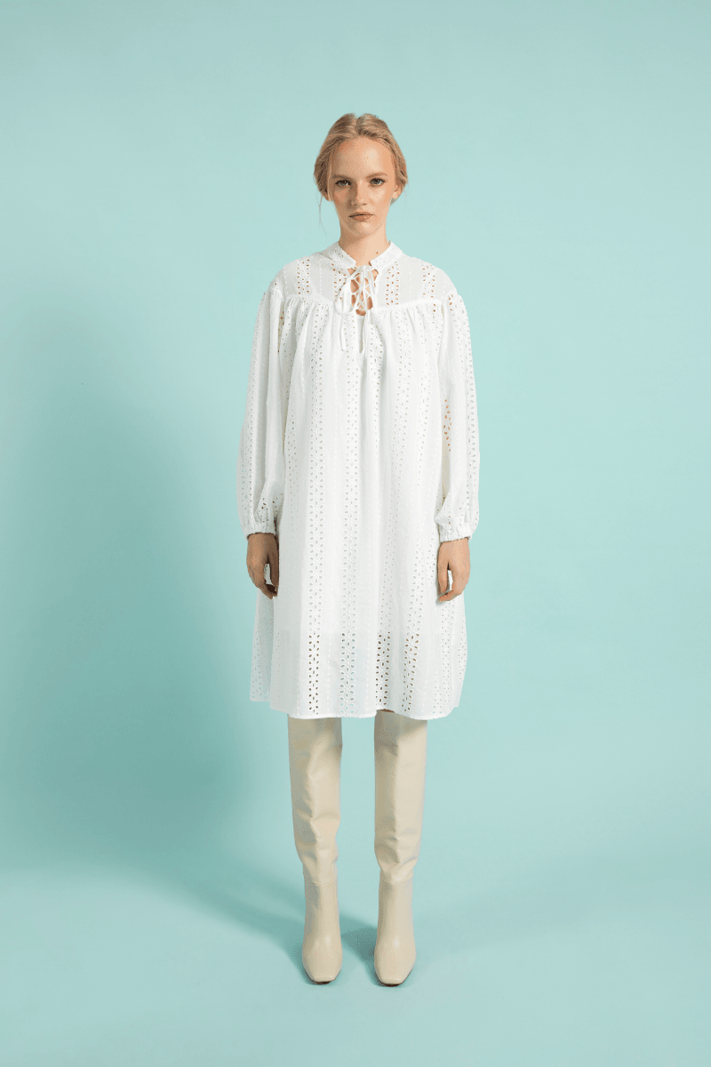 Comfortable Cut White Cotton Embroidery Dress