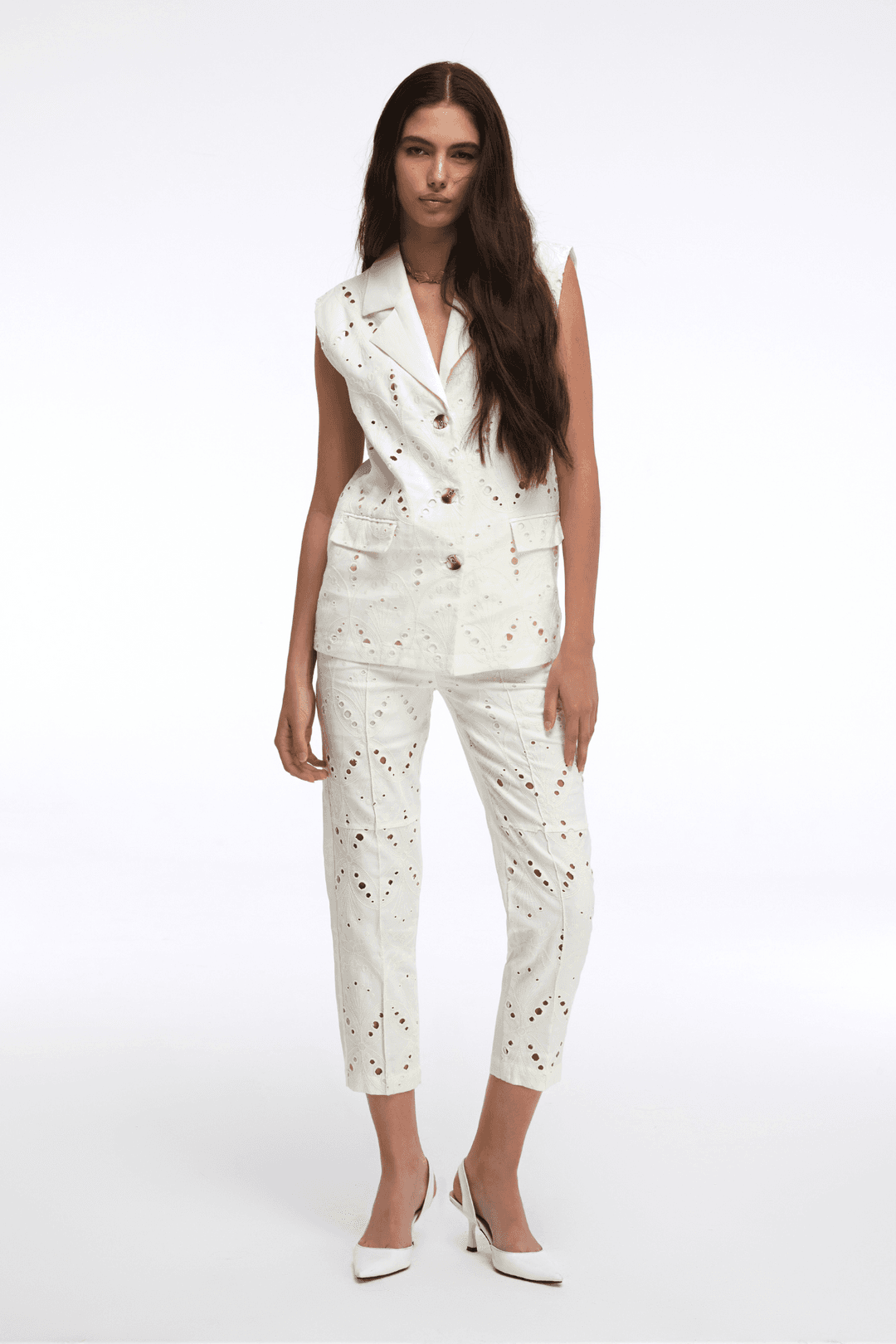 Off White Linen and Cotton Embroidery Vest