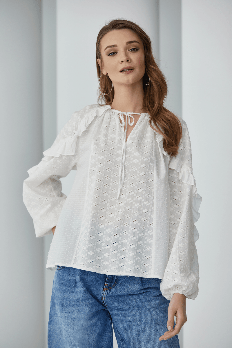 Ruffled Sleeve Cotton White Embroidery Blouse