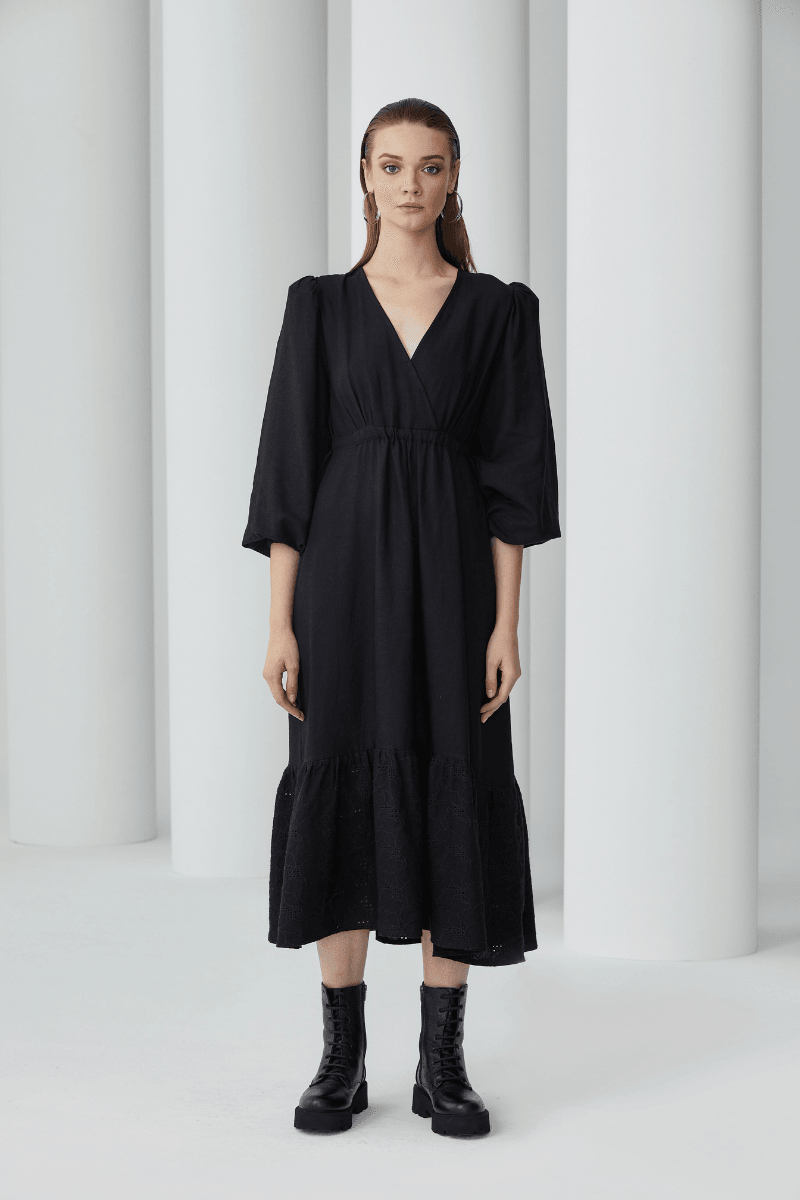 Double Breasted Midi Length Black Linen Dress