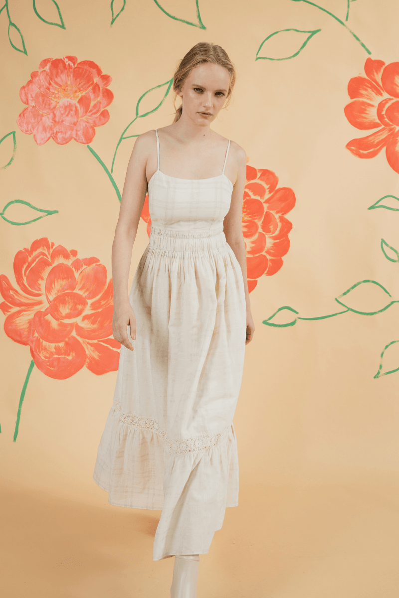Linen Cotton Midi Strapless Beige Dress