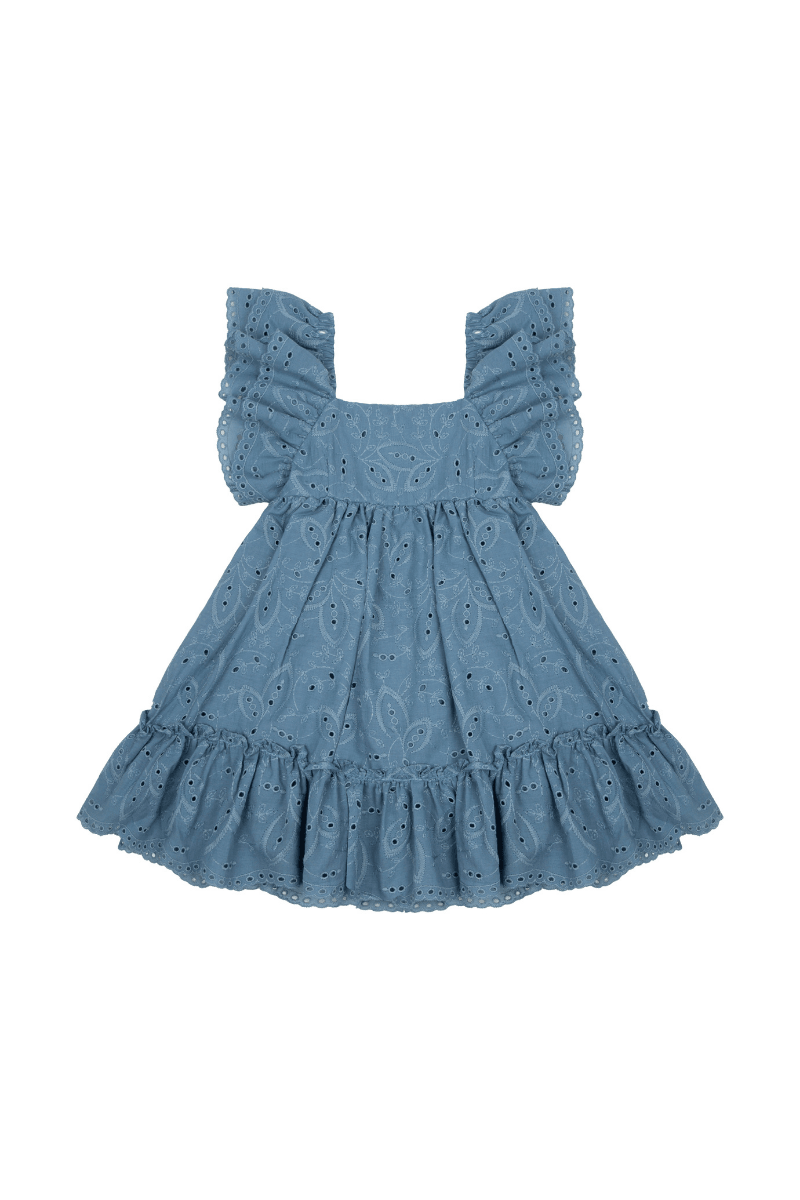 Saf Organik Pamuk Fırfır Detaylı Mavi Kız Çocuk Elbise