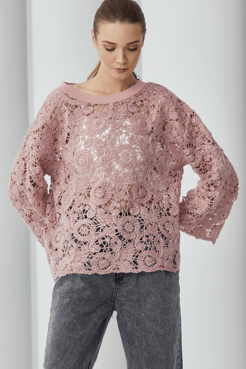 Crew Neck Patterned Casual Pink Embroidery Knitwear - Pink