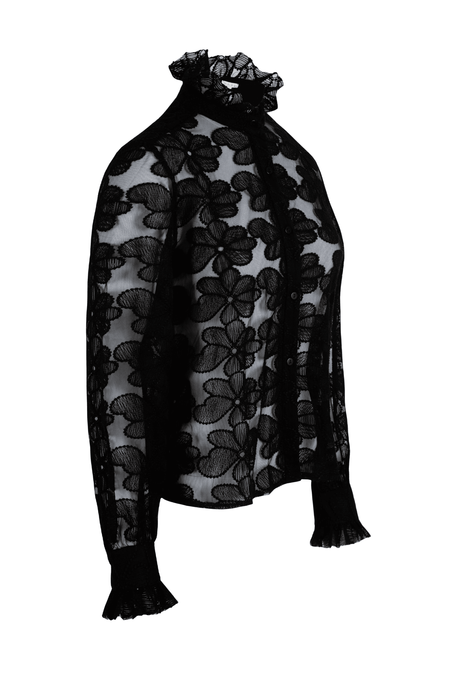 Queen Neck Transparent Flower Pattern Black Embroidery Shirt