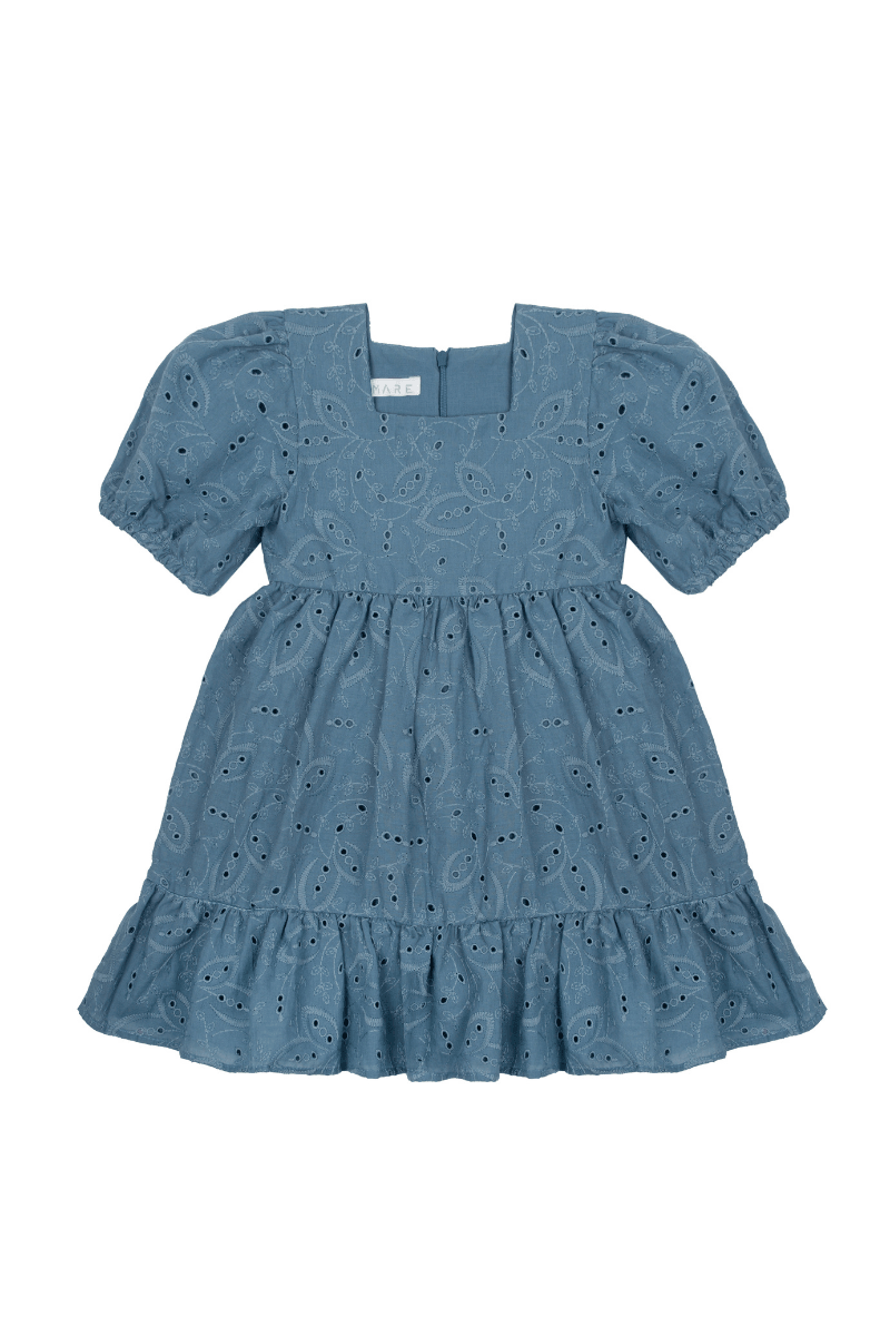 Saf Organik Pamuk Volan Kol Mavi Kız Çocuk Elbise