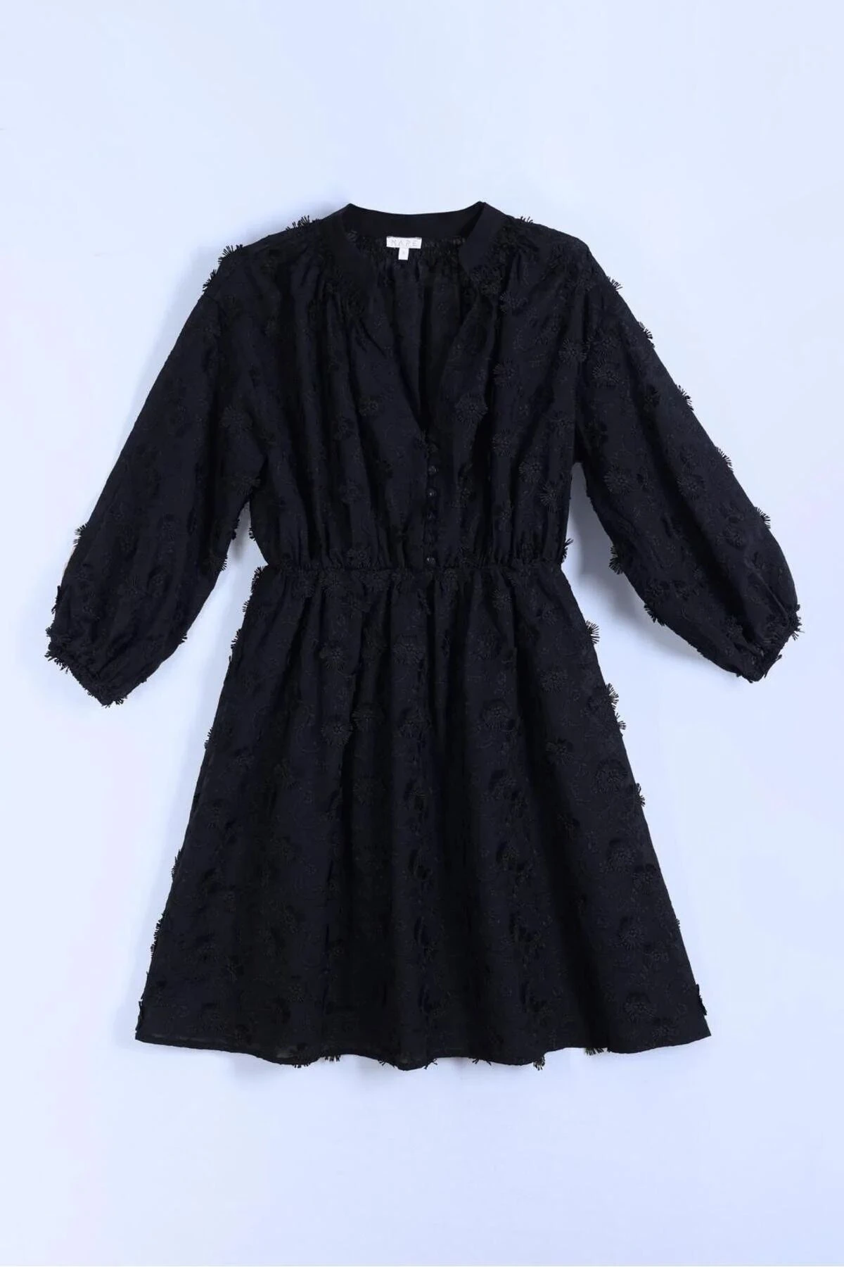 CAMILE-Siyah Çiçek Nakışlı Pamuk Brode Elbise