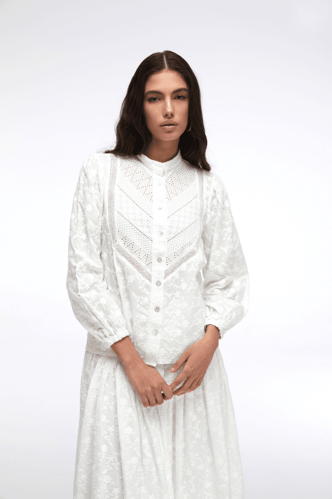 Tipped White Pure Cotton Embroidery Shirt