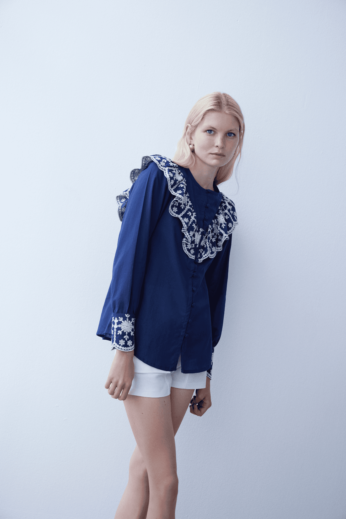 Navy Blue Broderie Shirt with Guipure Lace Collar