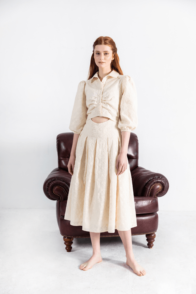 Organic Cotton Cut-Out Beige Midi Length Embroidery Dress