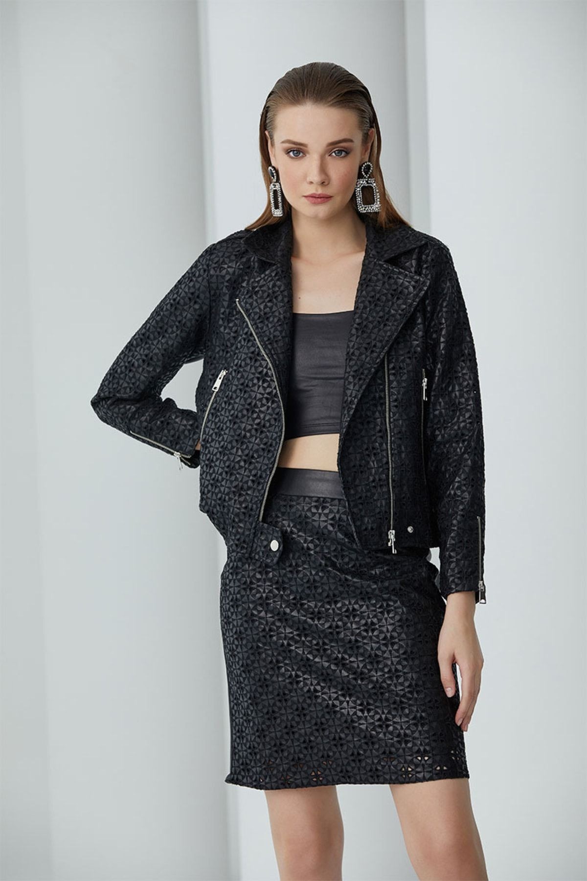 Suni Deri Brode Siyah Biker Ceket Metz Bıker Jacket